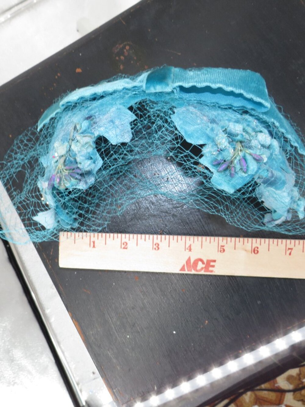 Vintage Blue Pillbox Hat Veiled Floral Fascinator Turquoise Velvet One Size OS - Picture 14 of 14